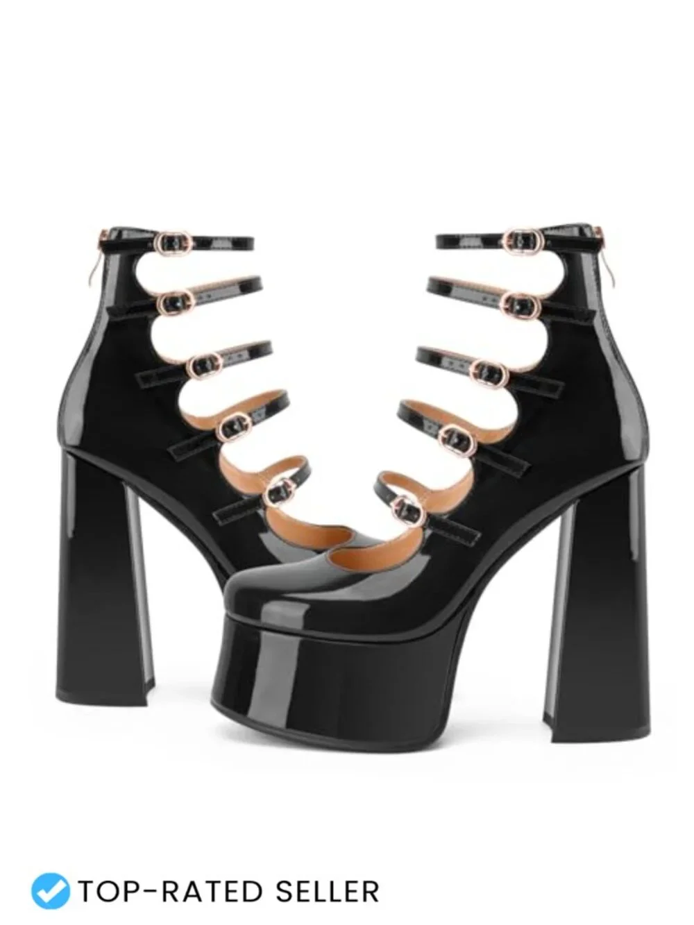 Faux Leather Patent Platform Ankle Boots Chunky Heel Buckle Mary Jane Booties